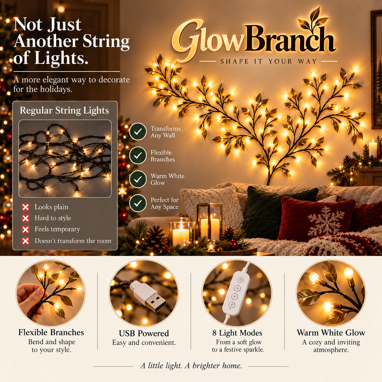 Move from a steady warm glow to animated festive patterns whenever the mood changes.